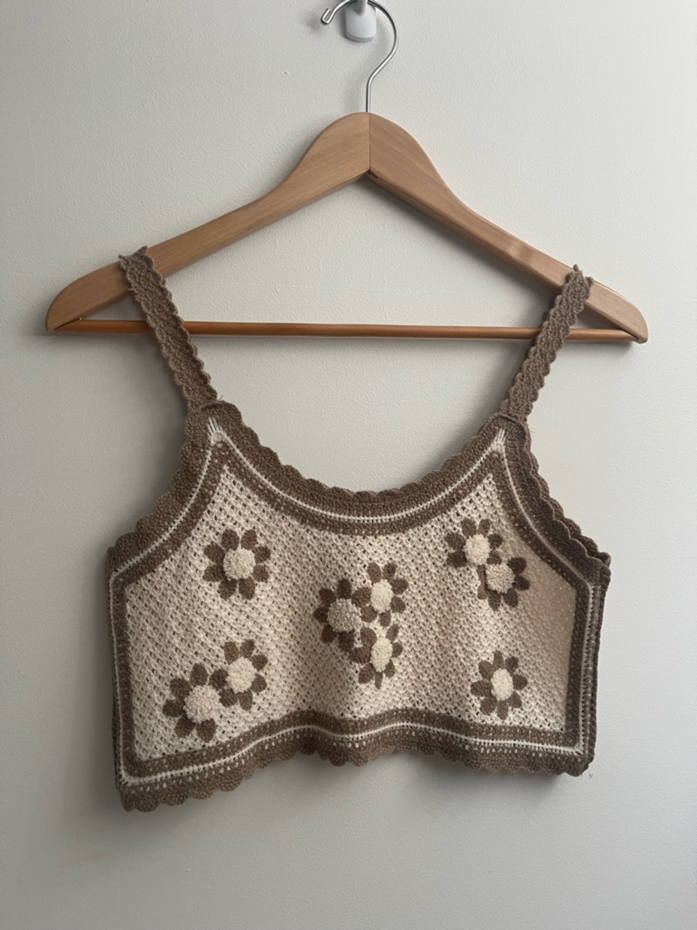 Handmade Scalloped Crochet Floral Crop Tank Top Cream Brown Flowers Boho Y2K